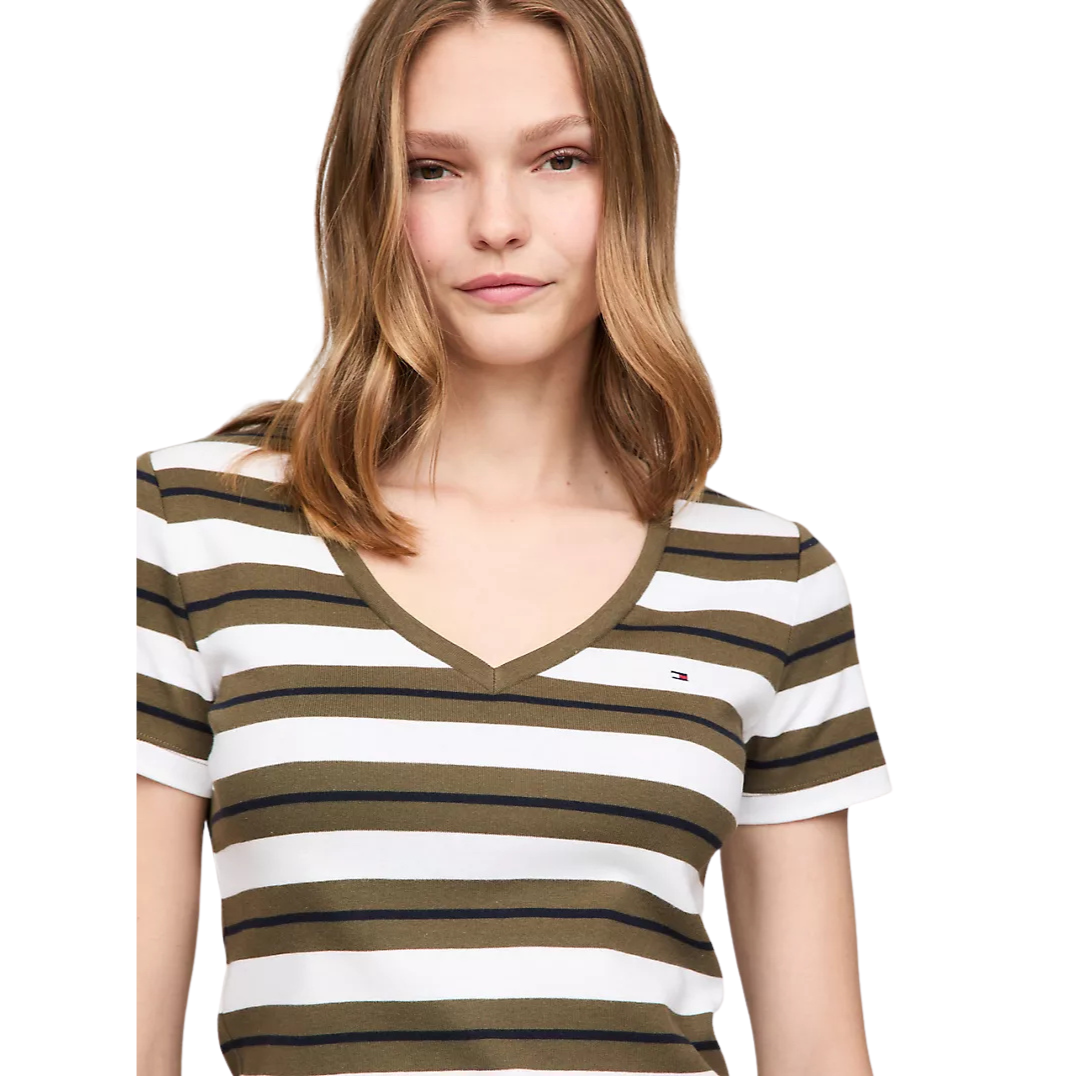 Franela Tommy Hilfiger Verde Con Blanco Y Rayas Negras Para Mujer