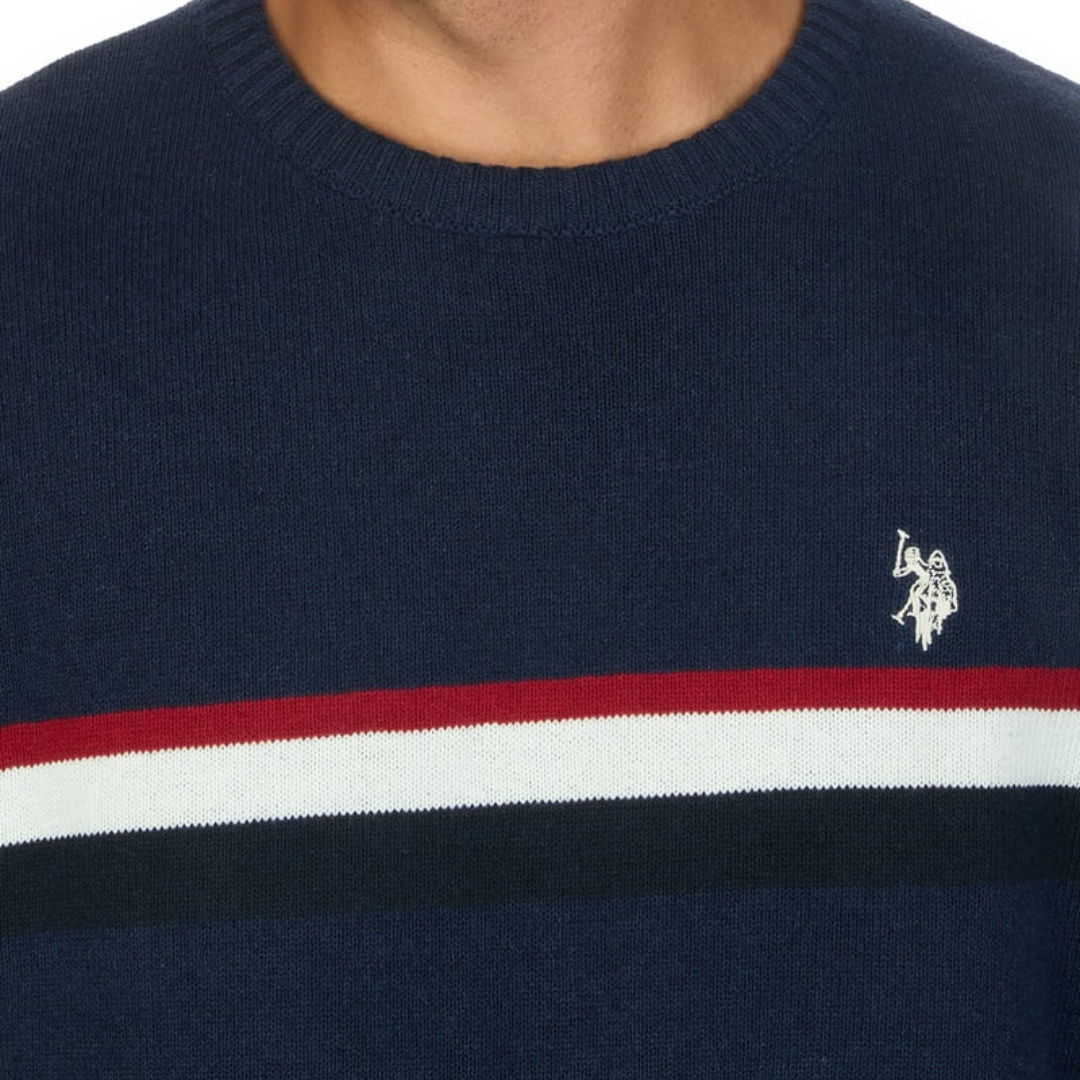 Sueter Polo de Tejido de Punto Azul Marino con Franja Tricolor Para Hombre