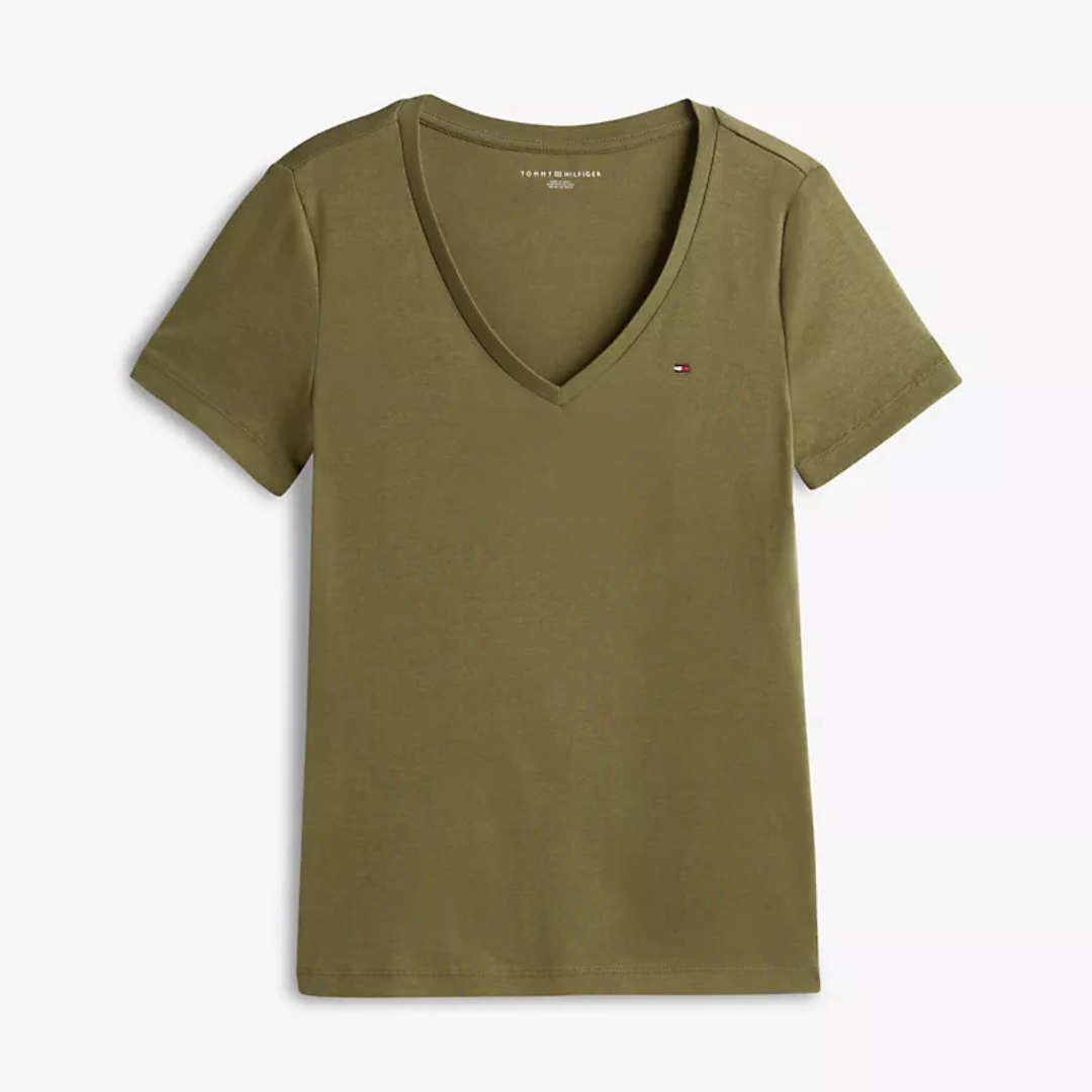 Franela Tommy Hilfiger Cuello en V Verde Oliva Para Mujer