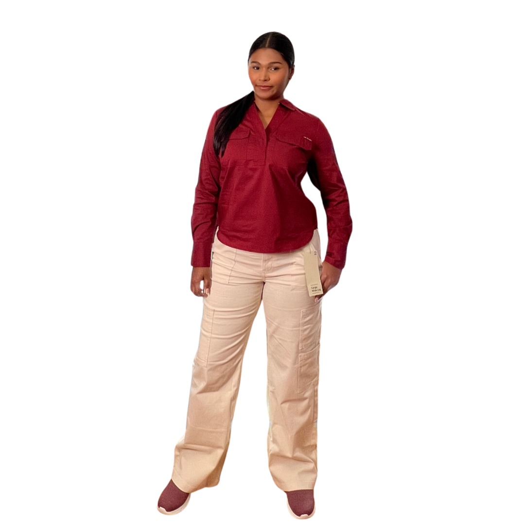 Camisa Casual Polo Manga Larga con Bolsillos Color Vinotinto Para Mujer