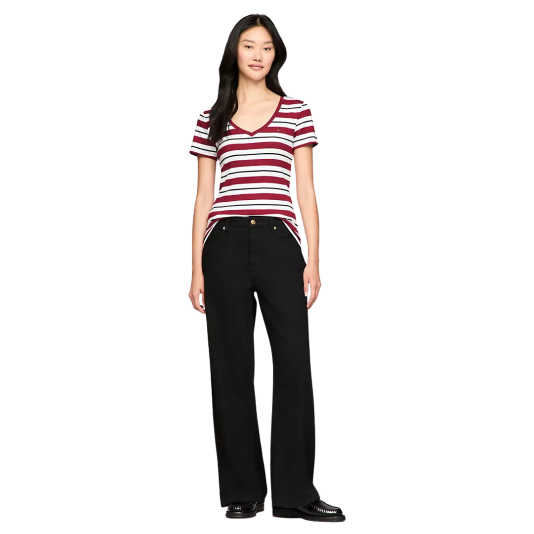 Franela Tommy Hilfiger Vinotinto Con Blanco Y Rayas Negras Para Mujer
