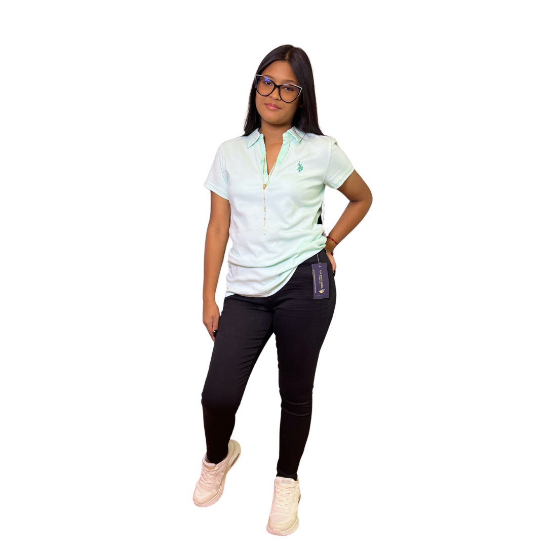 Chemise Polo Cuello en V Verde Claro Floral Para Mujer
