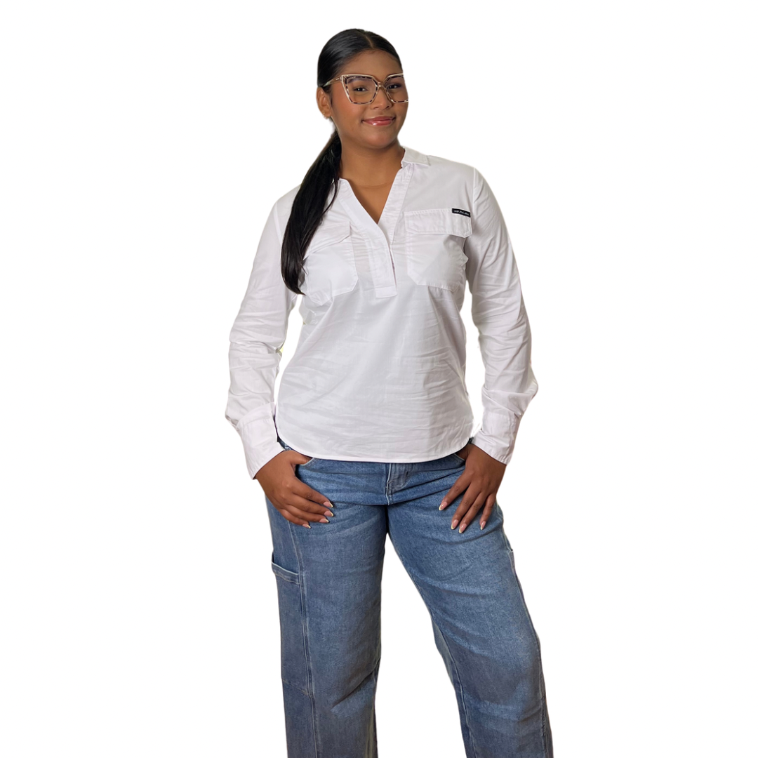 Camisa Casual Polo Manga Larga con Bolsillos Color Blanco Para Mujer