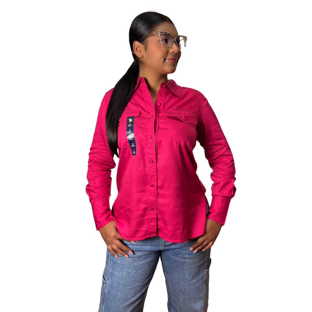 Camisa Casual Polo Manga Larga Con Botones Color Fucsia Para Mujer