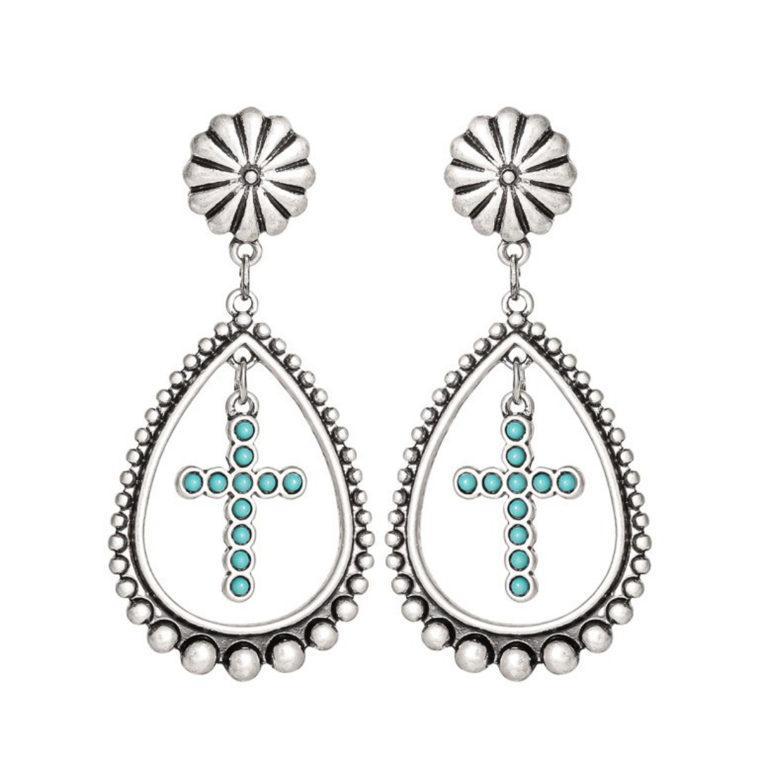 Aretes Colgantes en Cruz con Piedra Turquesa Hipoalergénicos Jessica Simpson Tono Plata