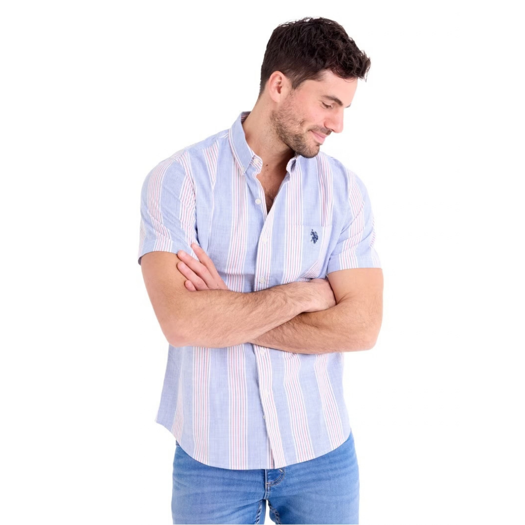 Camisa U.S. Polo Assn. Manga Corta a Rayas Azul Con Blanco y Rosado Para Hombre