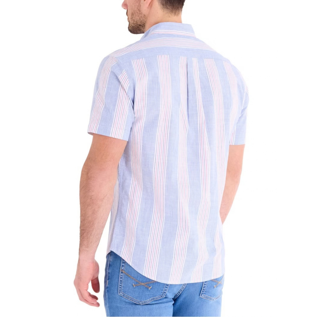 Camisa U.S. Polo Assn. Manga Corta a Rayas Azul Con Blanco y Rosado Para Hombre