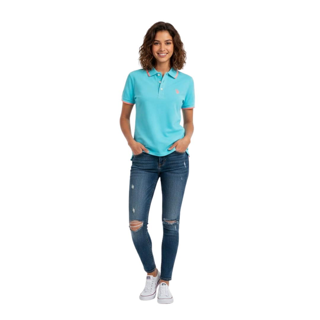 Chemise Polo Azul Bordes Rosa Para Mujer