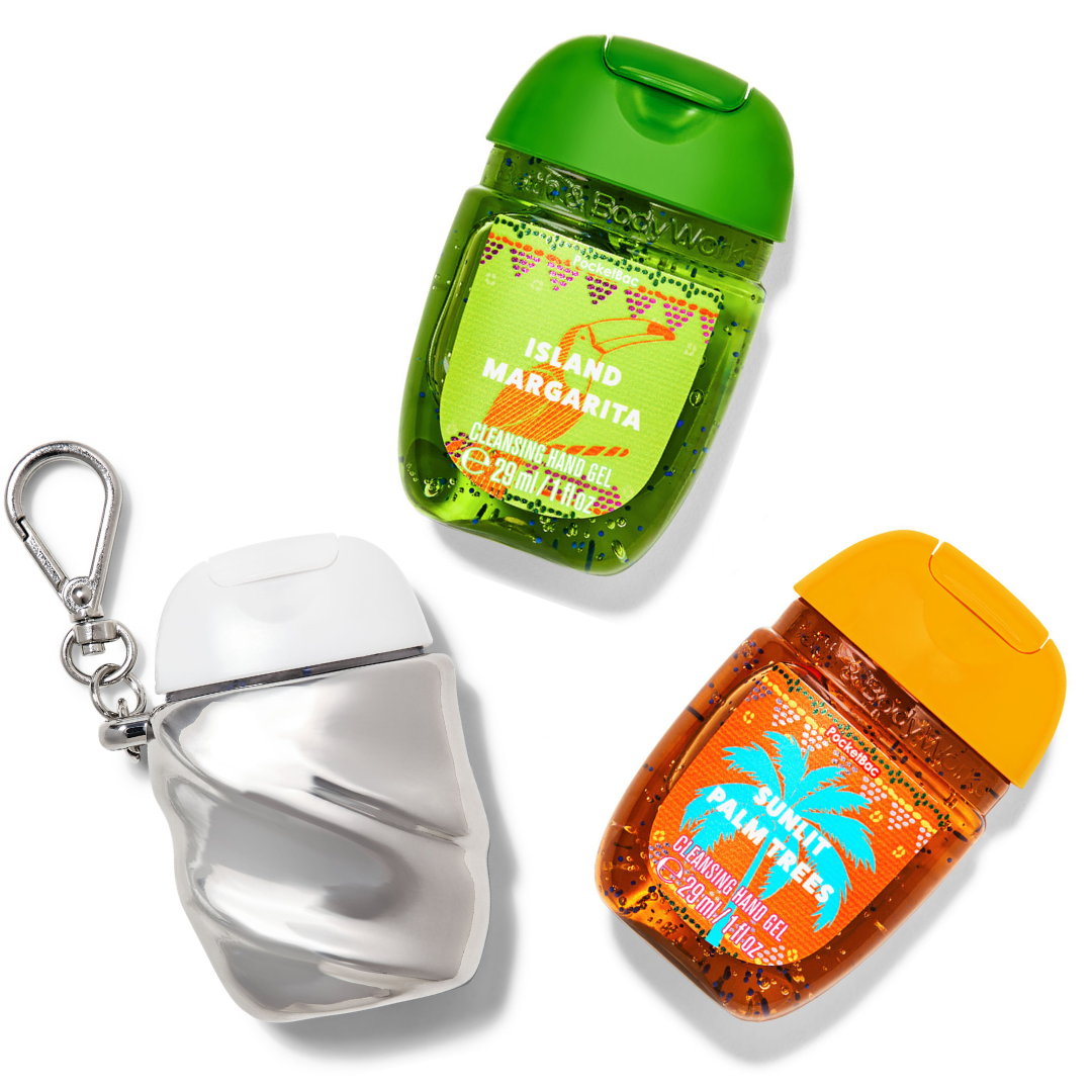 Set Holder + Gel Antibacterial Island Margarita + Gel Antibacterial asuntito Palm Trees de Bath & Body Works
