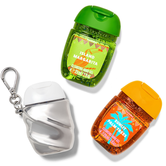 Set Holder + Gel Antibacterial Island Margarita + Gel Antibacterial asuntito Palm Trees de Bath & Body Works