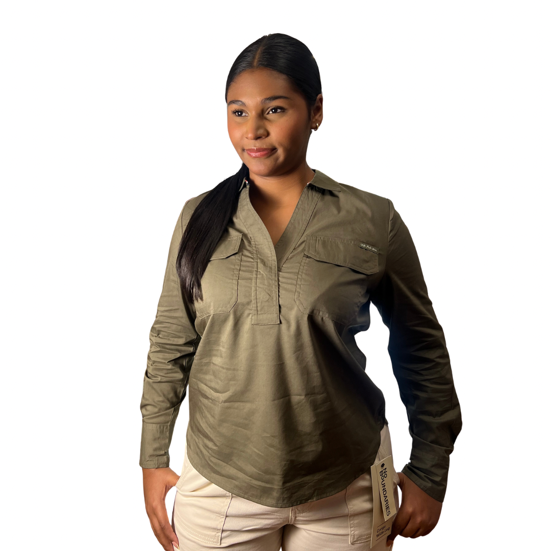 Camisa Casual Polo Manga Larga con Bolsillos Color Verde Militar Para Mujer