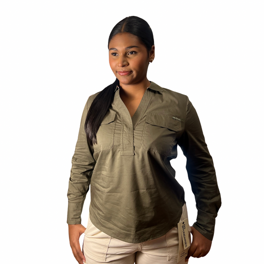Camisa Casual Polo Manga Larga con Bolsillos Color Verde Militar Para Mujer