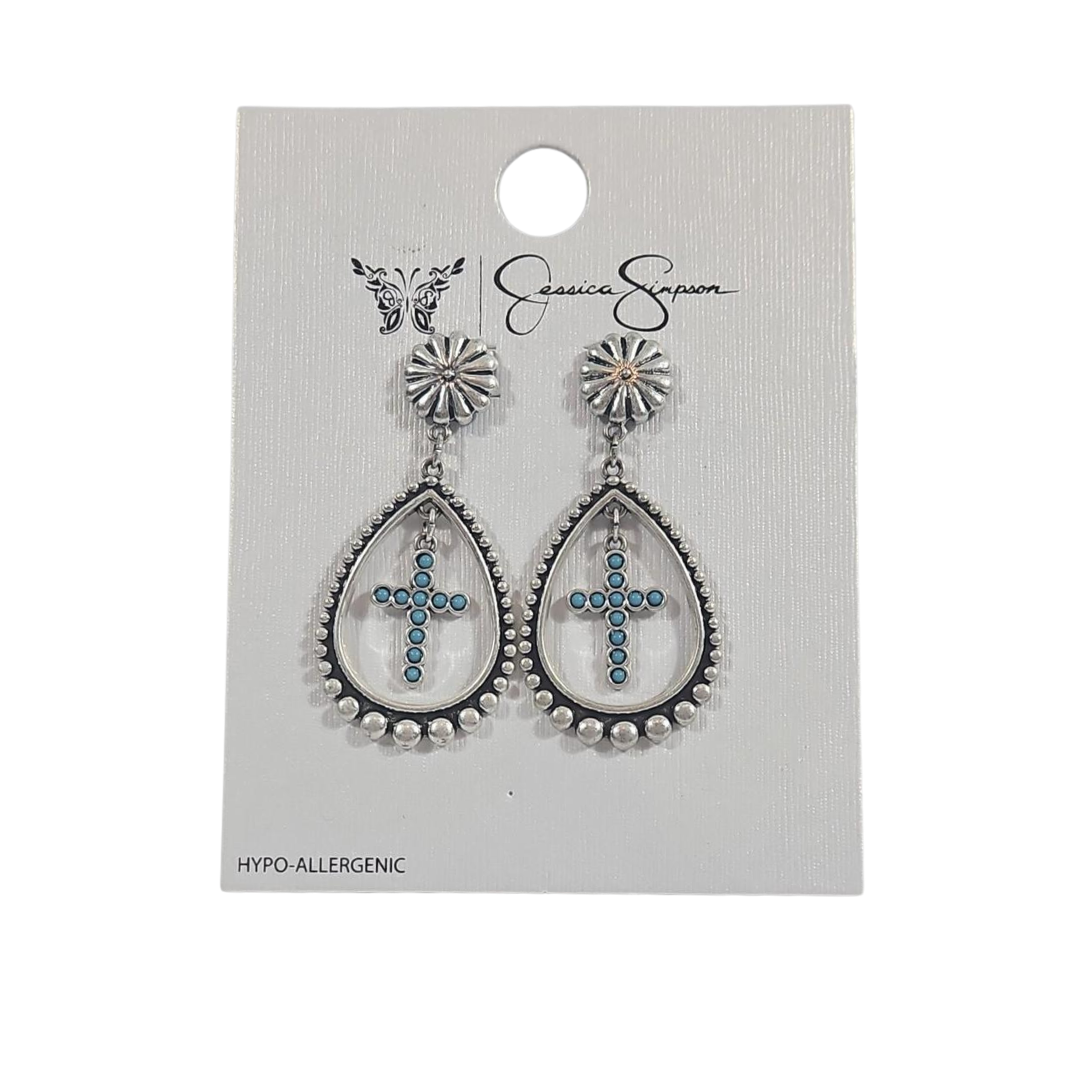 Aretes Colgantes en Cruz con Piedra Turquesa Hipoalergénicos Jessica Simpson Tono Plata