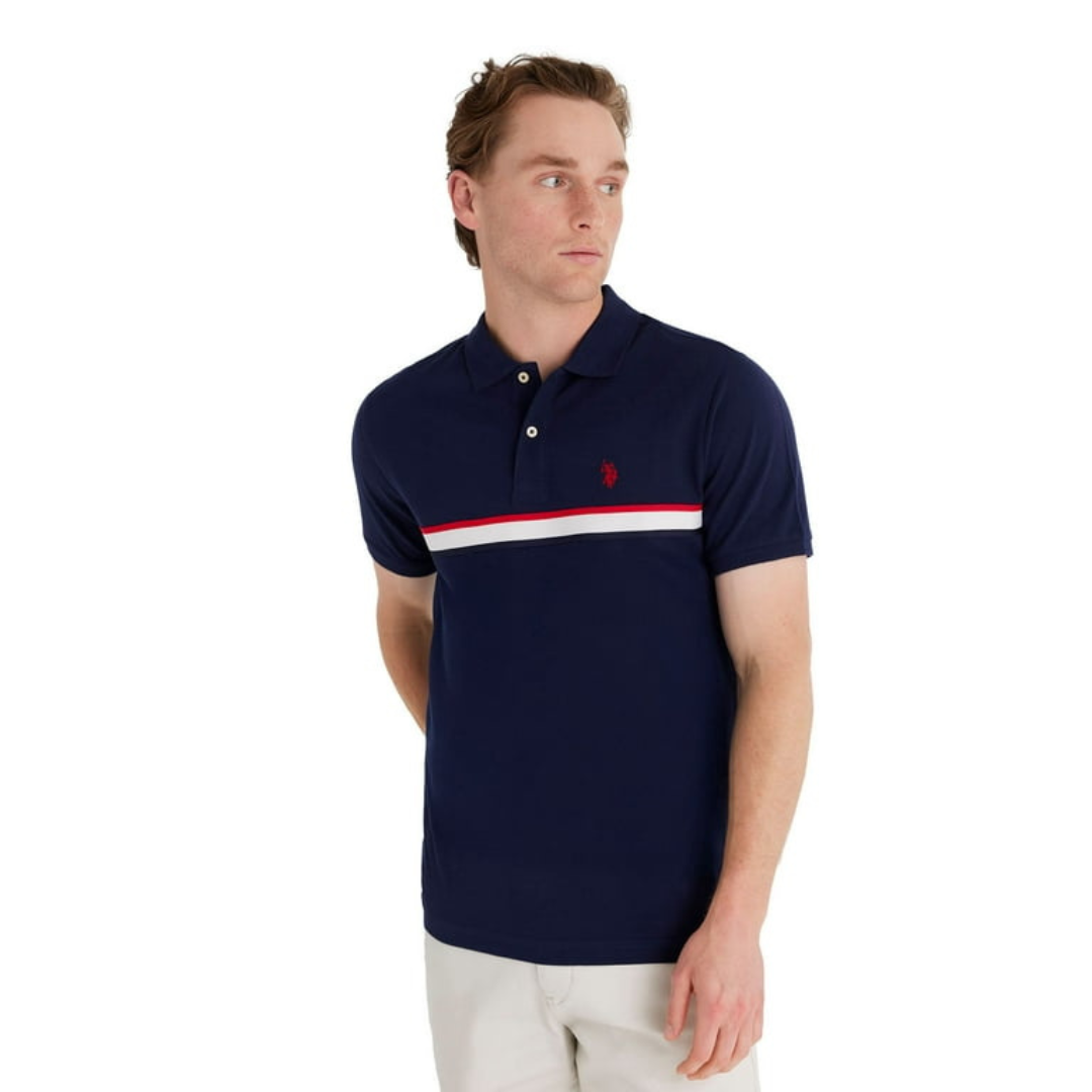 Chemise Polo Azul Marino Con Franja Para Hombre