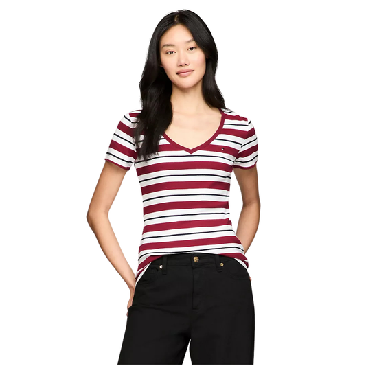 Franela Tommy Hilfiger Vinotinto Con Blanco Y Rayas Negras Para Mujer