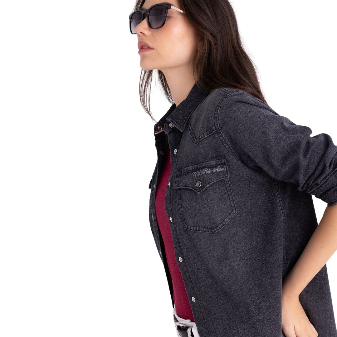 Camisa Polo Jeans Oscuro con Broches de Presión Para Mujer