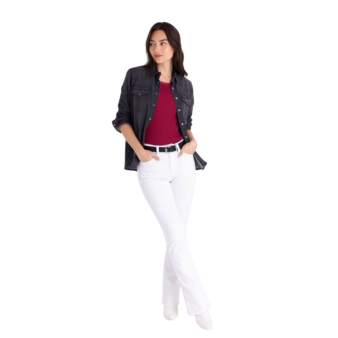 Camisa Polo Jeans Oscuro con Broches de Presión Para Mujer