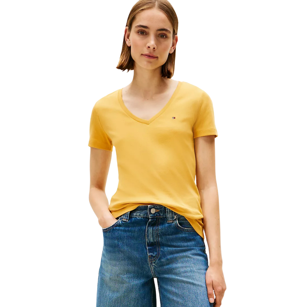 Franela Tommy Hilfiger Cuello en V Amarillo Mostaza Para Mujer