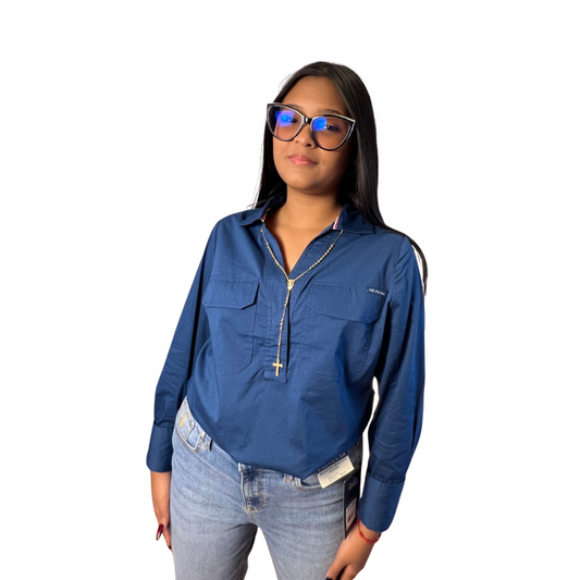 Camisa Casual Polo Manga Larga con Bolsillos Color Azul Para Mujer