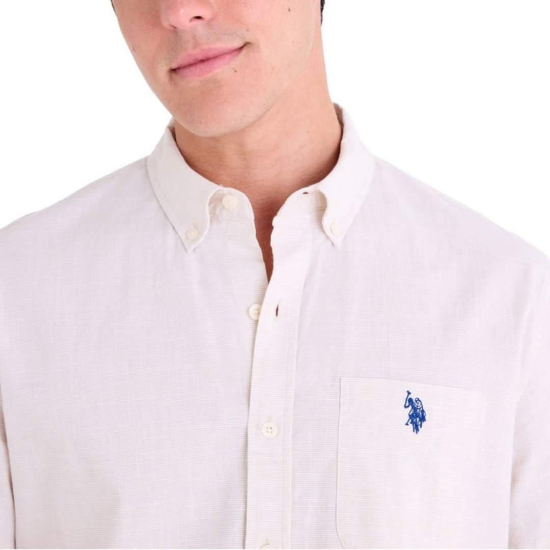 Camisa U.S. Polo Assn. Manga Corta Beige Claro Para Hombre