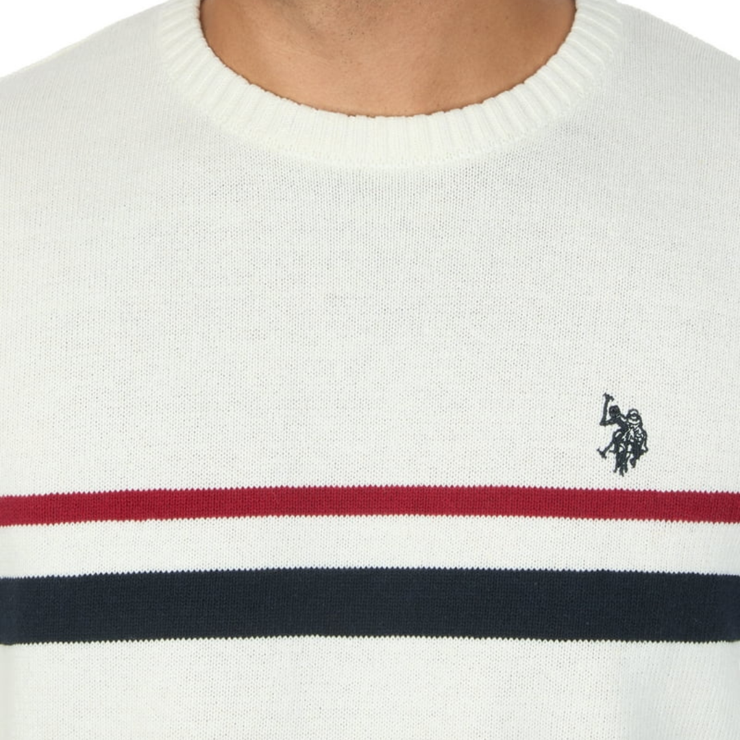 Sueter Polo de Tejido de Punto Blanco con Franja Tricolor Para Hombre