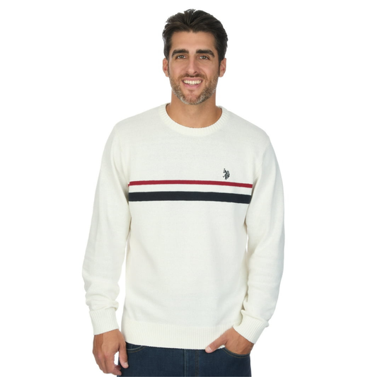 Sueter Polo de Tejido de Punto Blanco con Franja Tricolor Para Hombre