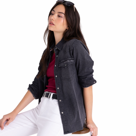 Camisa Polo Jeans Oscuro con Broches de Presión Para Mujer
