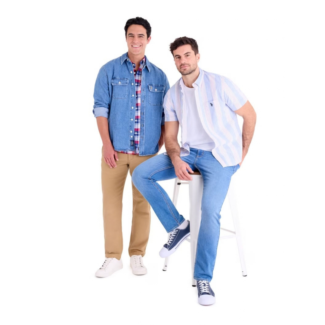 Camisa U.S. Polo Assn. Manga Corta a Rayas Azul Con Blanco y Rosado Para Hombre