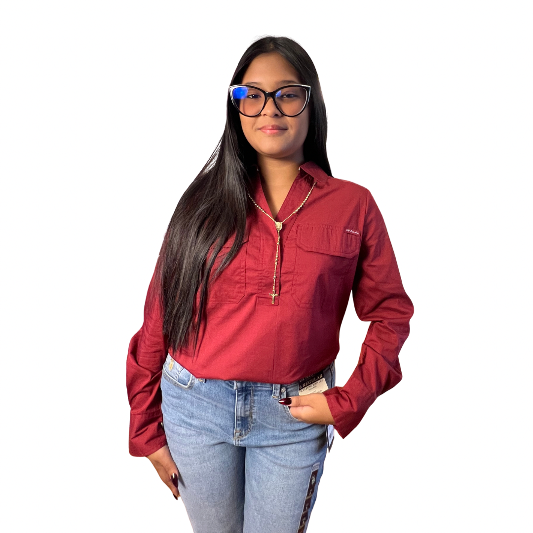 Camisa Casual Polo Manga Larga con Bolsillos Color Vinotinto Para Mujer