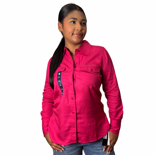 Camisa Casual Polo Manga Larga Con Botones Color Fucsia Para Mujer