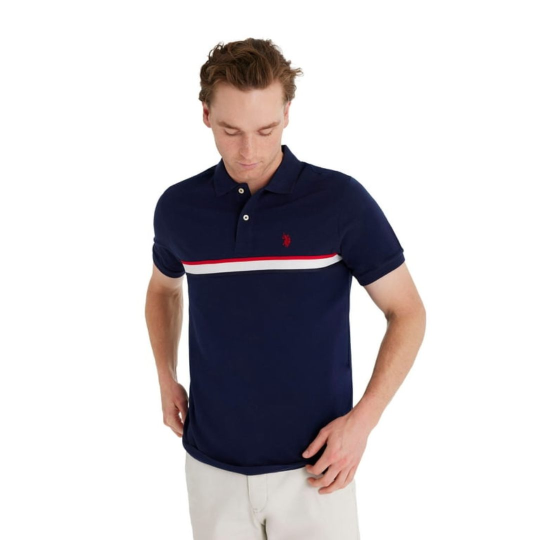 Chemise Polo Azul Marino Con Franja Para Hombre