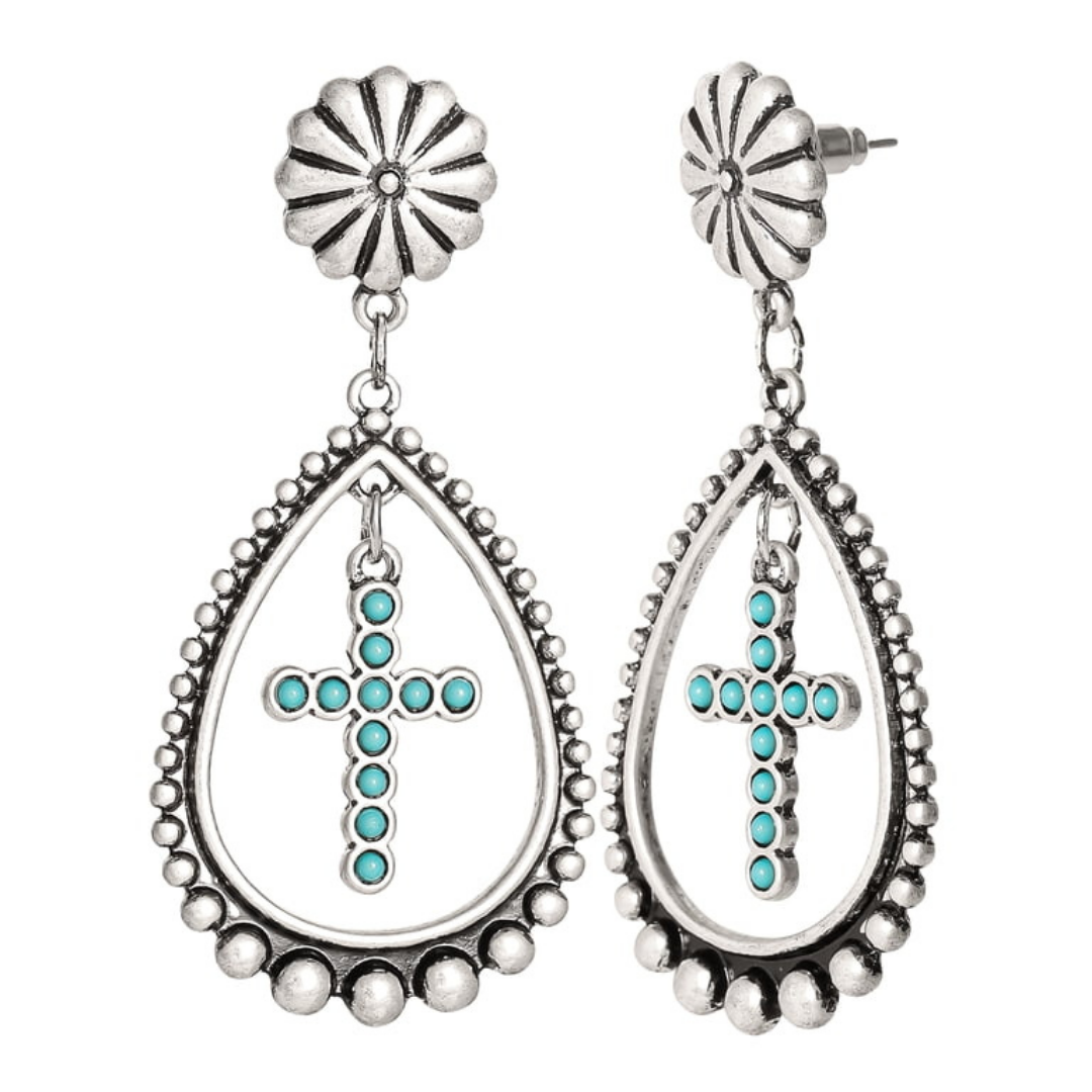 Aretes Colgantes en Cruz con Piedra Turquesa Hipoalergénicos Jessica Simpson Tono Plata