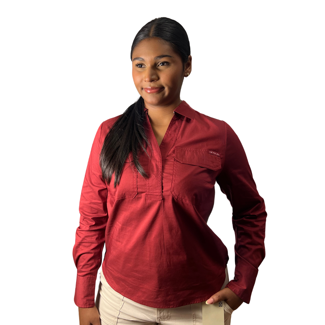 Camisa Casual Polo Manga Larga con Bolsillos Color Vinotinto Para Mujer