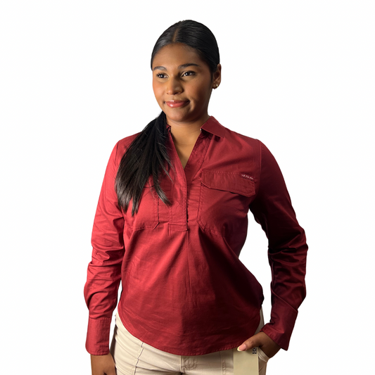 Camisa Casual Polo Manga Larga con Bolsillos Color Vinotinto Para Mujer