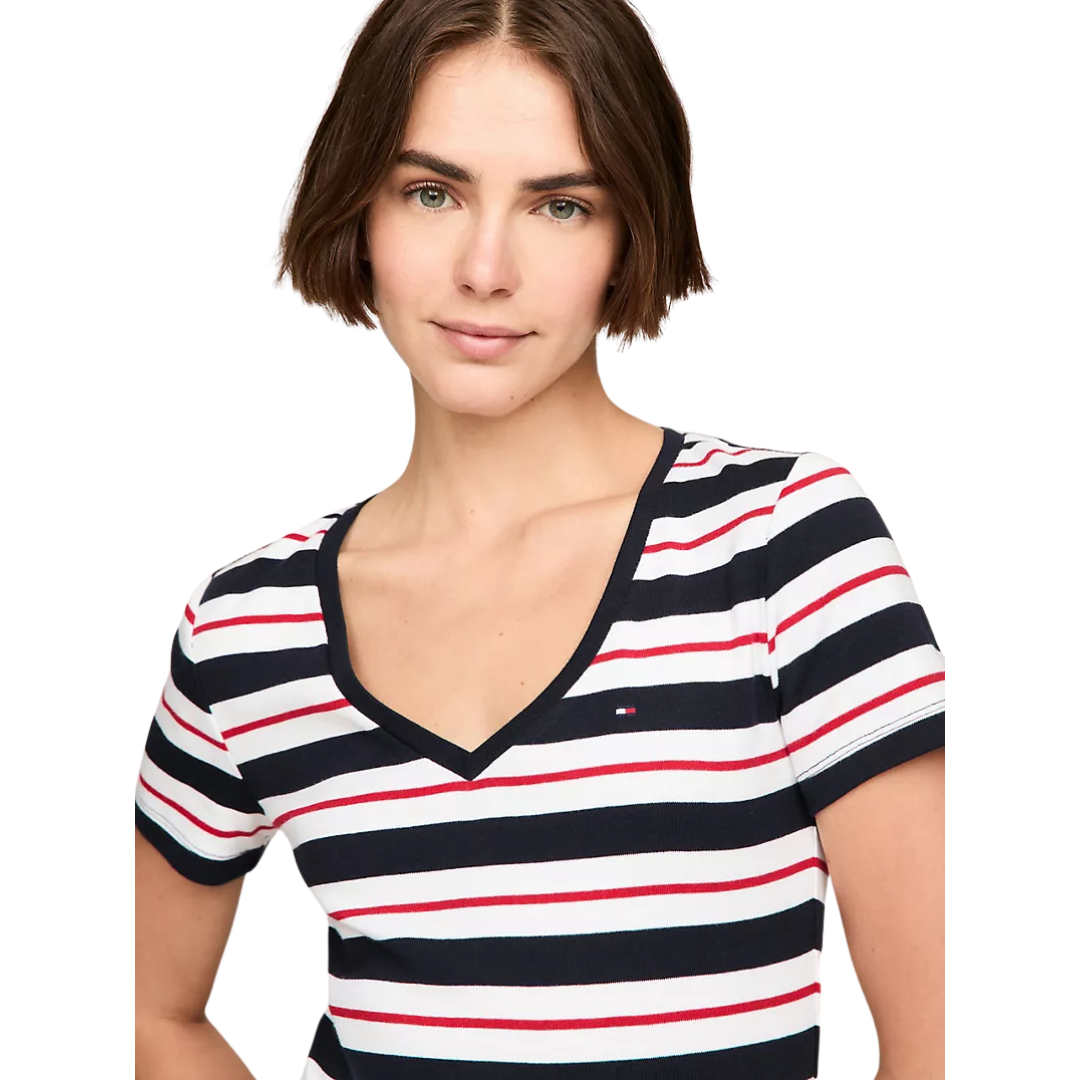 Franela Tommy Hilfiger Azul Marino Con Blanco Y Rayas Rojas Para Mujer