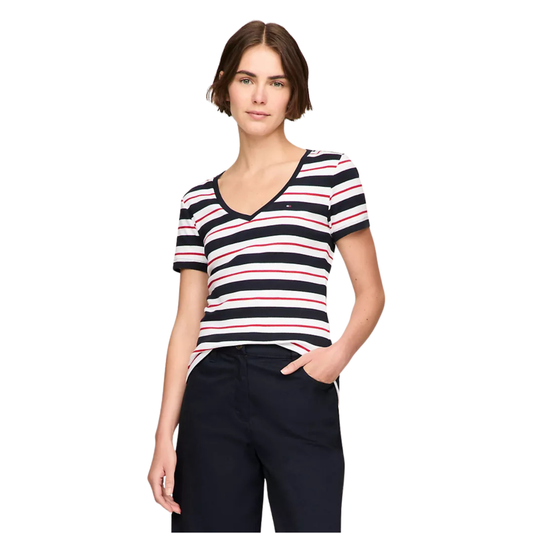 Franela Tommy Hilfiger Azul Marino Con Blanco Y Rayas Rojas Para Mujer