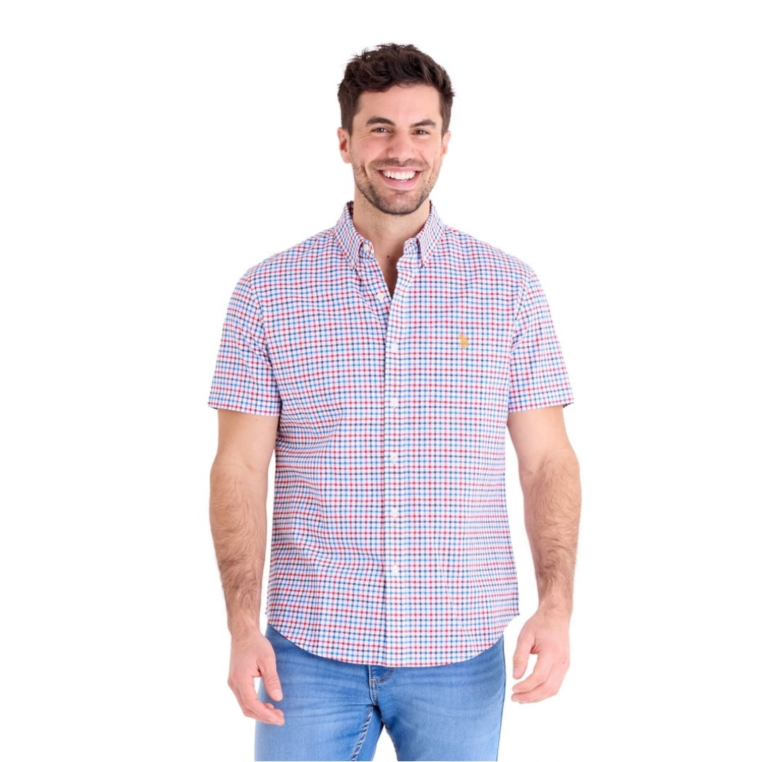 Camisa U.S. Polo Assn. Manga Corta a Cuadros Rojo con Blanco y Azul Para Hombre