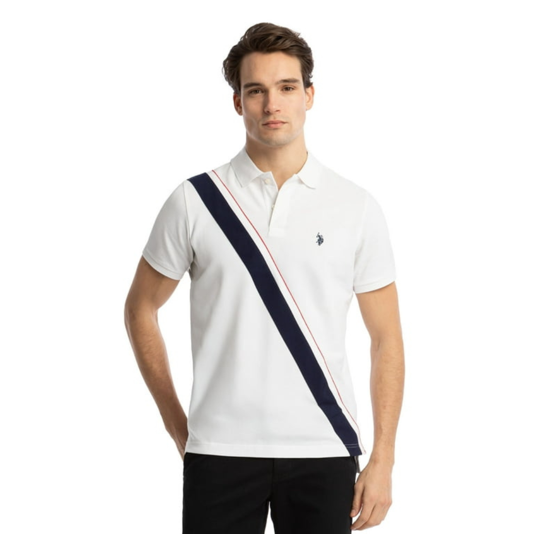Chemise Polo Para Hombre Blanca Con Franja