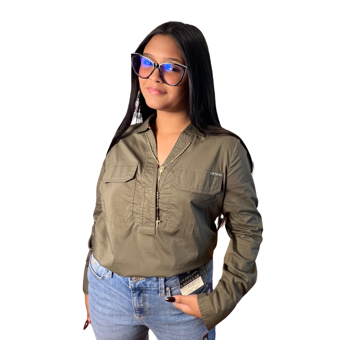 Camisa Casual Polo Manga Larga con Bolsillos Color Verde Militar Para Mujer