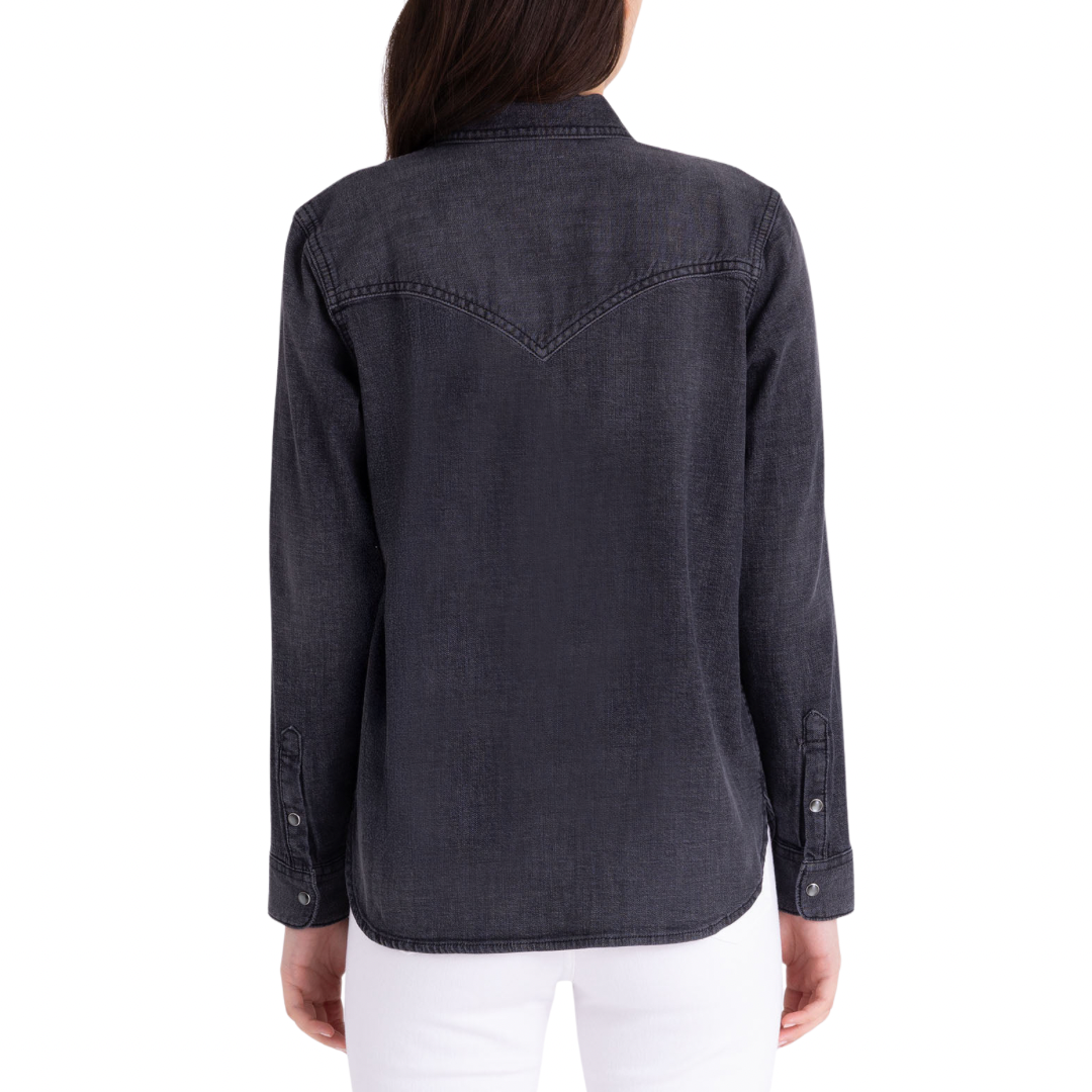 Camisa Polo Jeans Oscuro con Broches de Presión Para Mujer