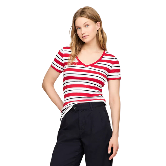 Franela Tommy Hilfiger Roja Con Blanco Y Rayas Negras Para Mujer