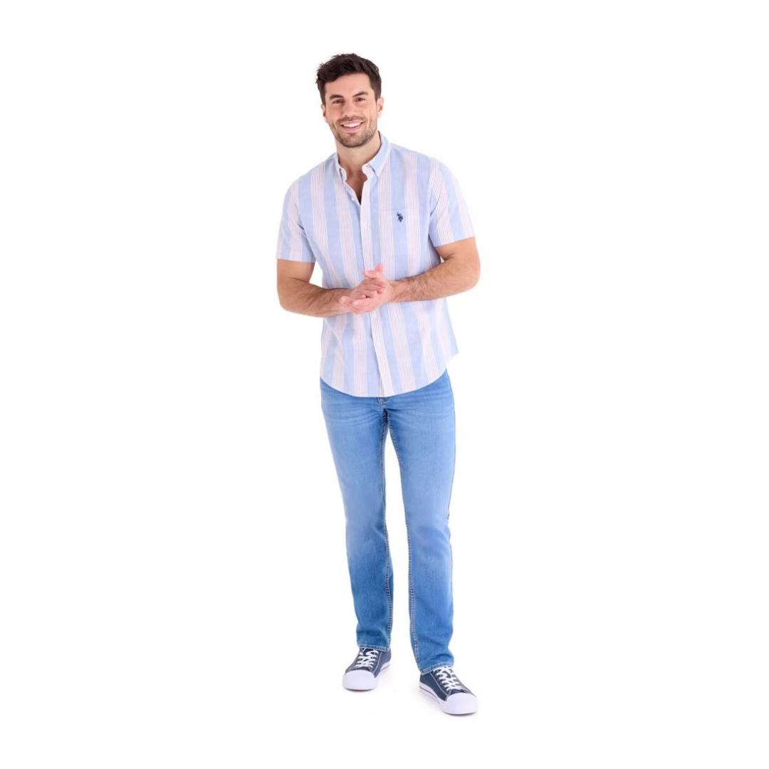 Camisa U.S. Polo Assn. Manga Corta a Rayas Azul Con Blanco y Rosado Para Hombre
