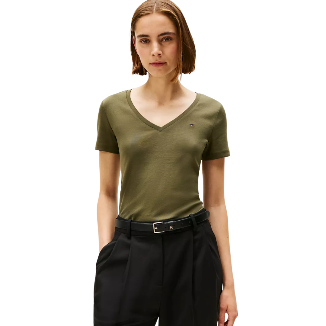 Franela Tommy Hilfiger Cuello en V Verde Oliva Para Mujer