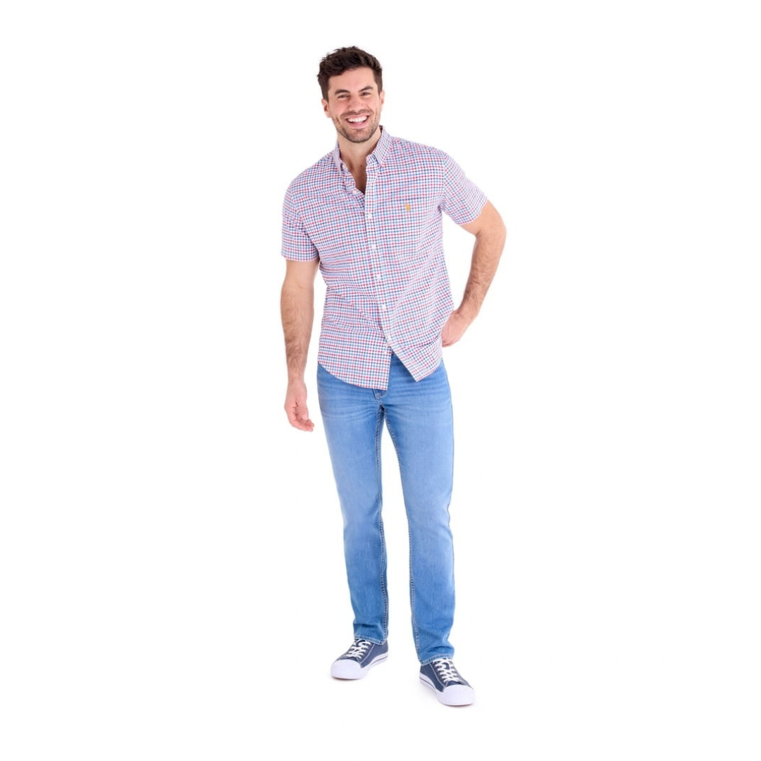 Camisa U.S. Polo Assn. Manga Corta a Cuadros Rojo con Blanco y Azul Para Hombre