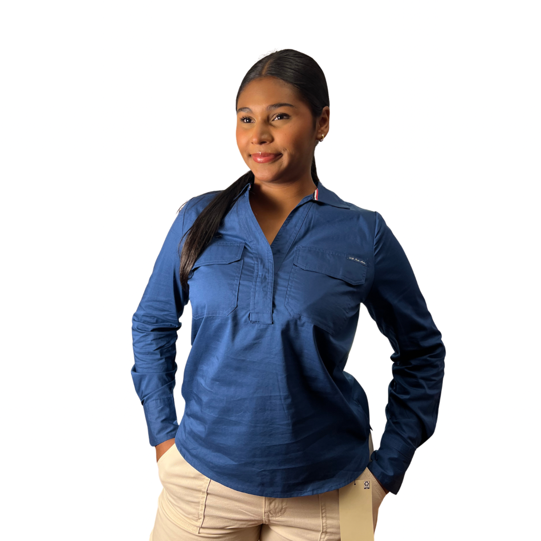 Camisa Casual Polo Manga Larga con Bolsillos Color Azul Para Mujer