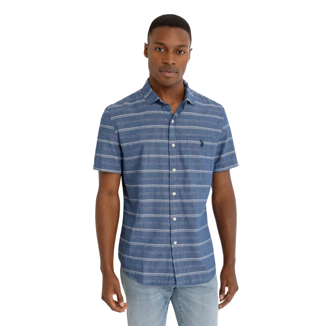 Camisa Polo Manga Corta Azul a Rayas Para Hombre