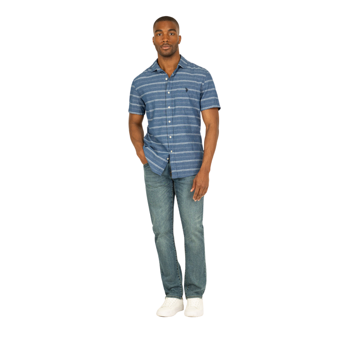 Camisa Polo Manga Corta Azul a Rayas Para Hombre
