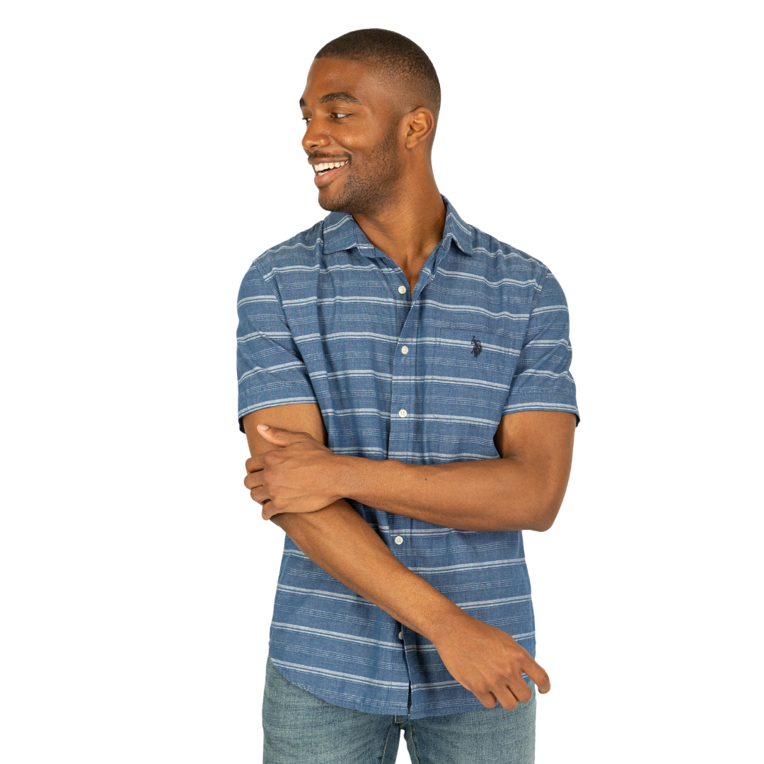Camisa Polo Manga Corta Azul a Rayas Para Hombre
