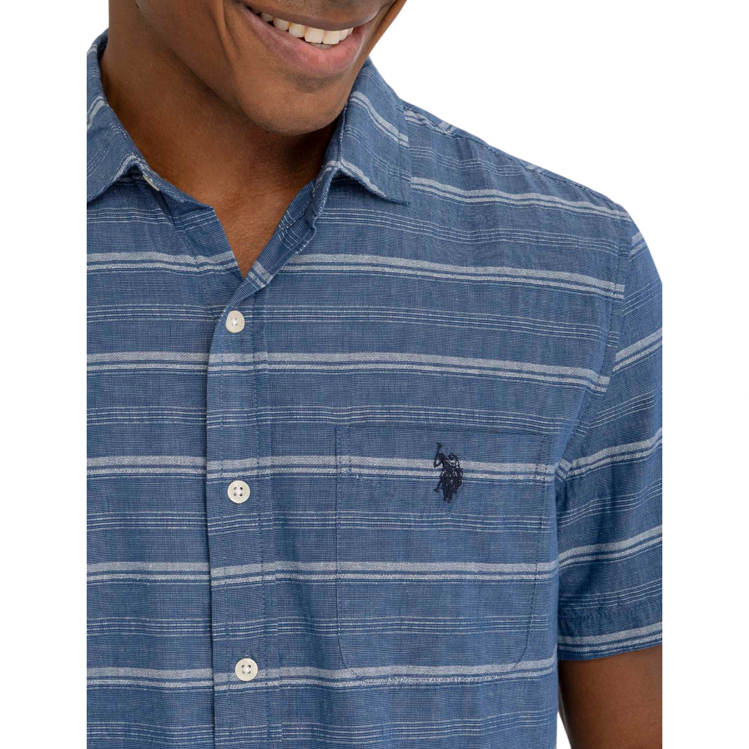 Camisa Polo Manga Corta Azul a Rayas Para Hombre