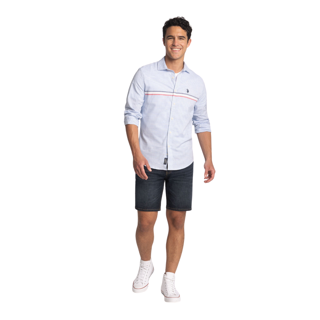 Camisa Polo Manga Larga con Raya Estampada Para Hombre